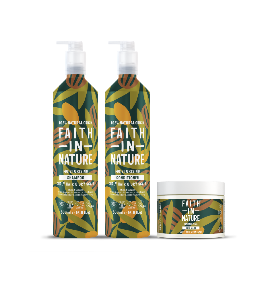 Faith In Nature Curly Hair Aluminium Set shampoo, conditioner, hair mask