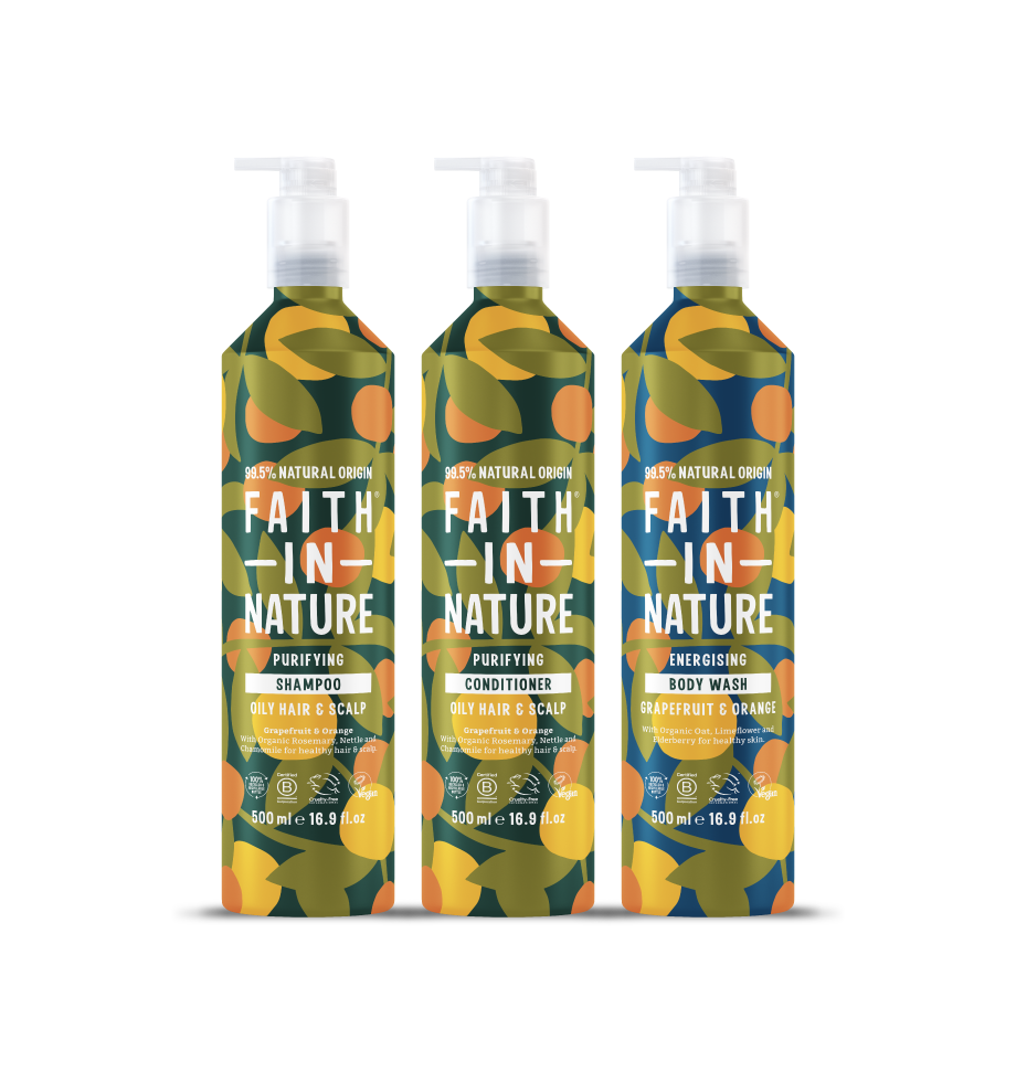 Faith In Nature Grapefruit & Orange aluminium shampoo, conditioner & shower gel