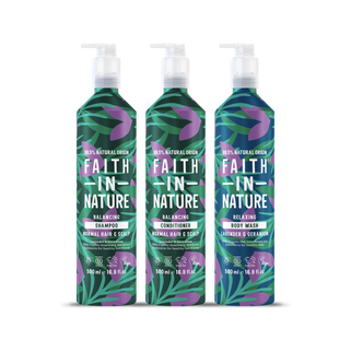 Faith In Nature Lavender shampoo, conditioner & shower gel aluminium set