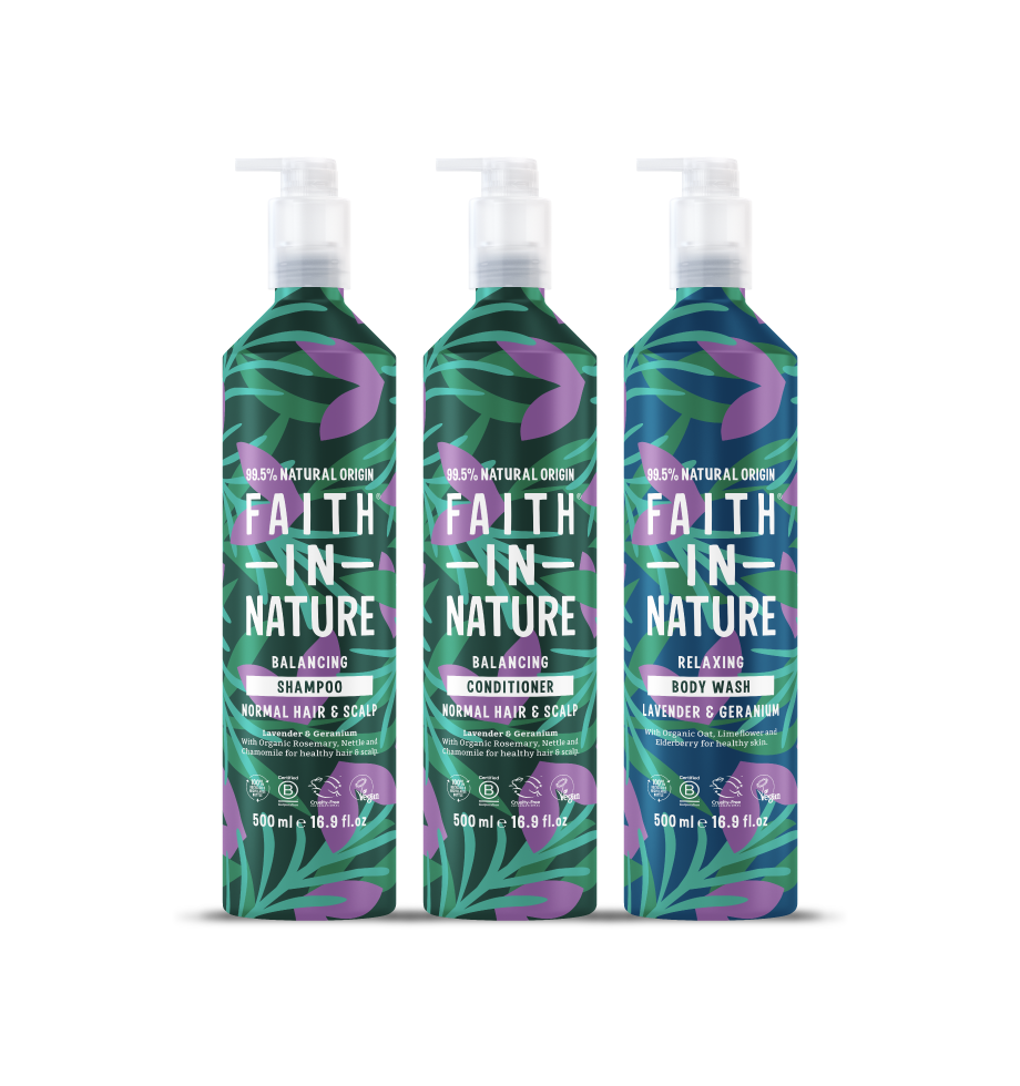 Faith In Nature Lavender shampoo, conditioner & shower gel aluminium set